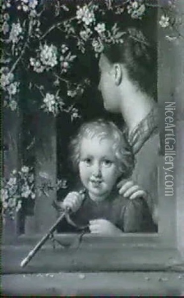 Mutter Und Kind Mit Holzpfeifchen Am Offenen Fenster, In Dasbluhende Obstbaumzweige Ragen Oil Painting - August von der Embde