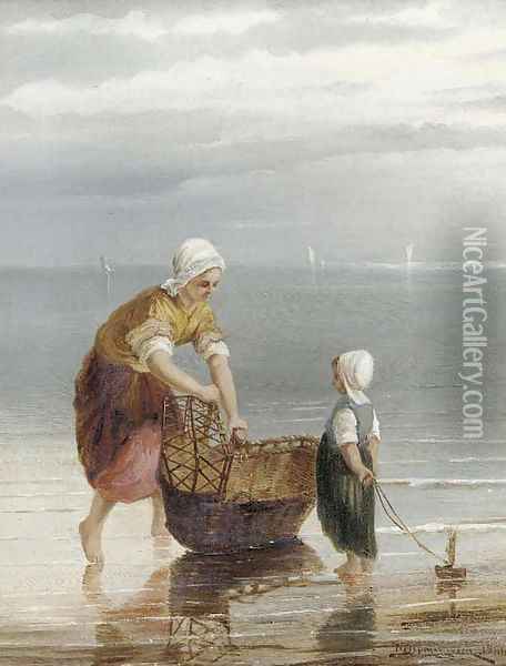 A mother crabbing with her child Oil Painting - William Raymond Dommersen