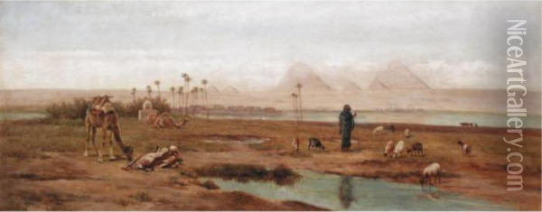 Camels And Goatherd At The Pyramids At Gizeh Oil Painting - Frederick Goodall