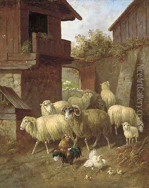 Sheep and poultry in a farmyard; and Sheep and poultry in a barn Oil Painting - Continental School