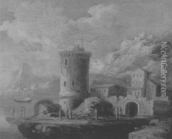 Marina Mediterranea Con Un Torrione Presso Un Borgo Oil Painting - Gennaro Greco