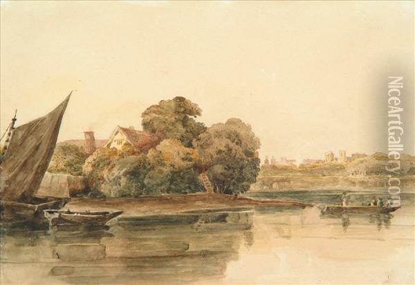 Landscape, River And Boats Oil Painting - Peter de Wint