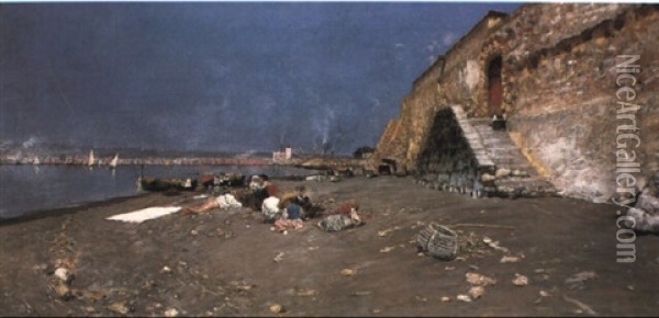 Figures On A Beach, Naples Oil Painting - Attilio Pratella