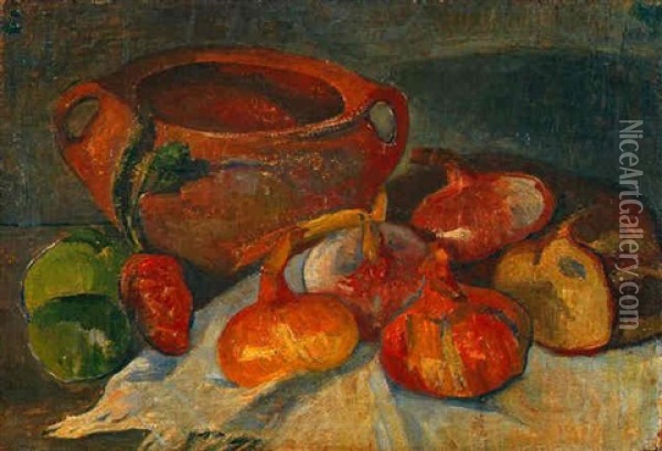 Nature Morte: Pot, Oignons, Pain Et Pommes Vertes Oil Painting - Jacob Isaac Meyer de Haan