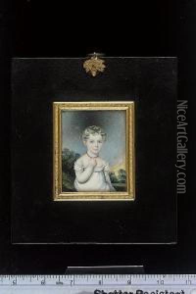 A Child, Said To Be The Baroness Emilia Kayne Von Gorgan Schillitz, Wearing Low-cut White Dress With Frilled Trim, Her Right Arm Raised, Holding Her Coral Necklace, Parkland Background Oil Painting - Anthony Stewart