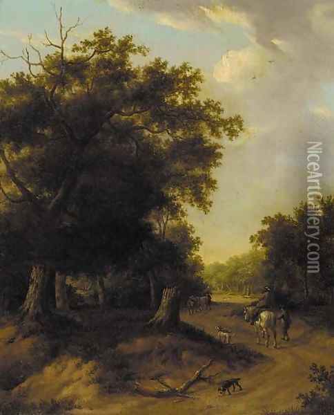 A horseman and other figures on a wooded path Oil Painting - Jan Wijnants