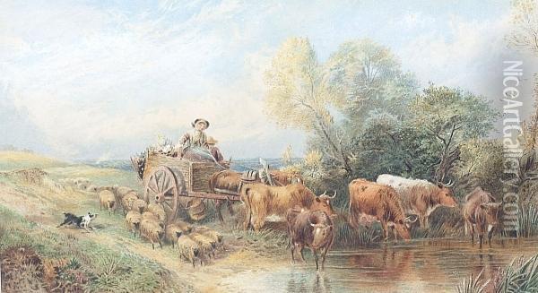 Figures In A Cart With Cattle And Sheep Fording A River Oil Painting - Myles Birket Foster