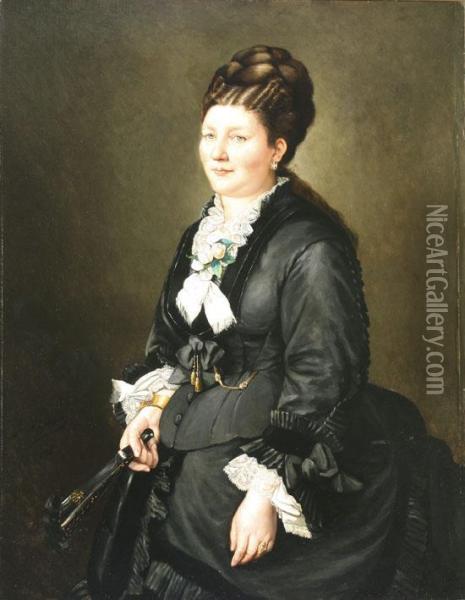 Portrait Of A Woman Holding A Hand Fan Oil Painting - Julie Lorain Sondon