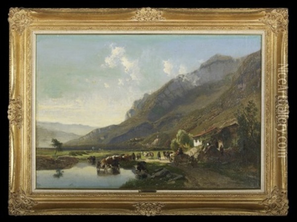 Landscape With Cattle And Figures, Mountain In The Background Oil Painting - Joseph Quinaux