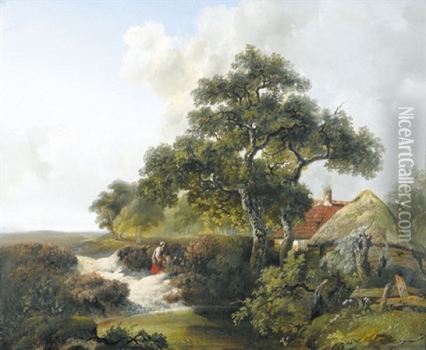 Landschaft Mit Bauernhaus, Staffage Und Teich Oil Painting - Willem Bodemann