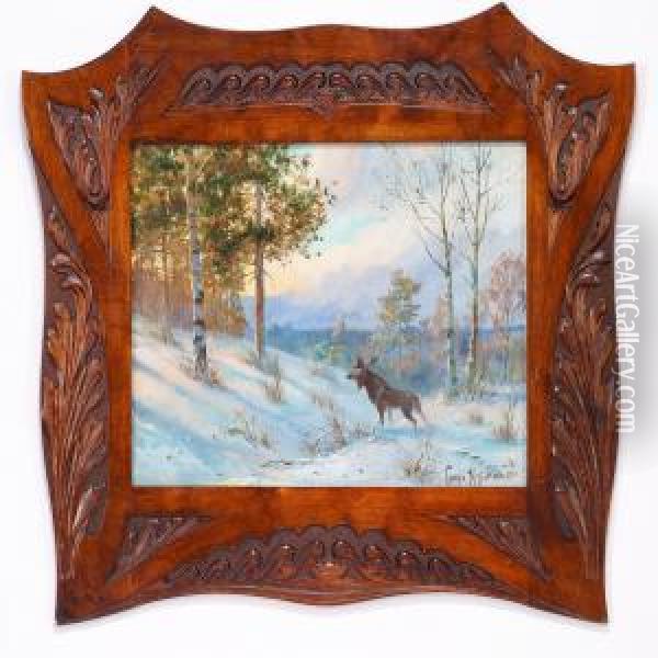 An Elk In A Winter Forest Oil Painting - Wladimir Leonidovich Murawjoff