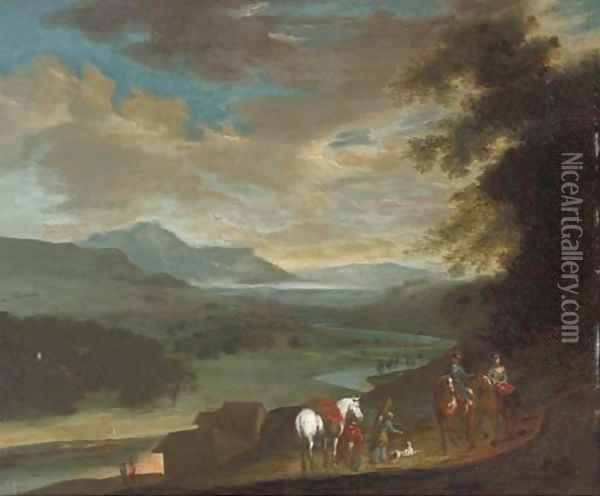 Travellers on a country track at dusk Oil Painting - Philips Wouwerman