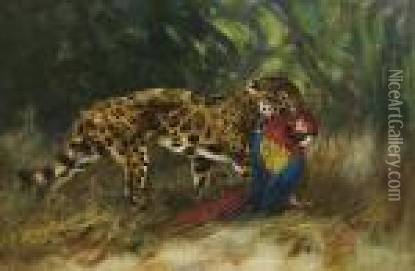 Leopard Tenant Dans Sa Gueule Un Ara Oil Painting - Cuthbert Edmund Swan