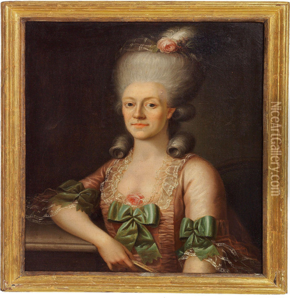 Portrait Of A Lady In A Pink Dress With Green Bows Oil Painting - Andreas Brunniche