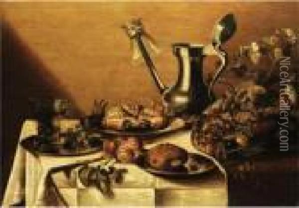 Stilleben Mit Zinnkanne, Zinntellern, Fruchten, Krebs, Brot Und Einem Romerglas Oil Painting - Pieter Claesz.