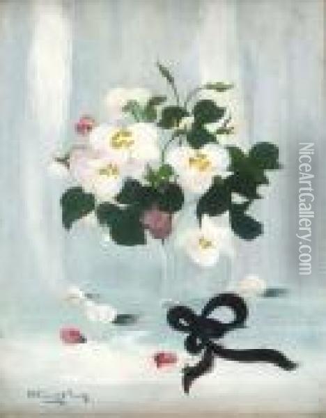 A Still Life Of White And Pink Roses Oil Painting - James Stuart Park