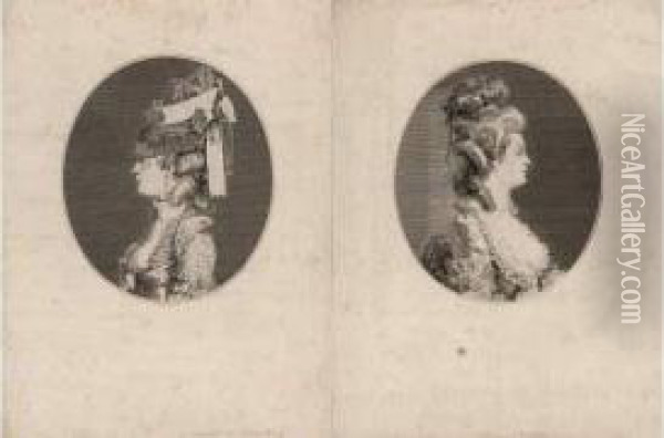 Louise-emilie, Baronne De ...; Adrienne-sophie Marquise De ... Pendants. Oil Painting - Augustin de Saint-Aubin