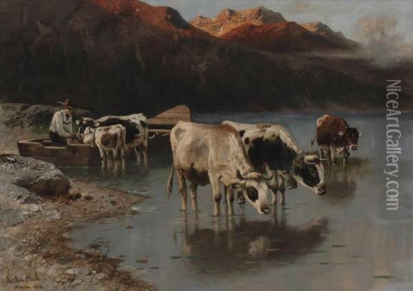 Huterjunge Mit Rindern Am Ufer Eines Gebirgssees Oil Painting - Christian Friedrich Mali