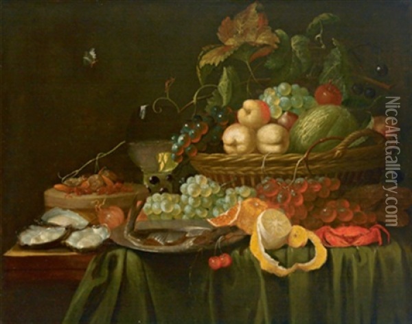 Stillleben Mit Weintrauben, Orangen, Pfirsichen Und Austern Oil Painting - Jan Frans van Son