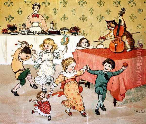 The Cat and the Fiddle and the Children's Party illustration from Hey Diddle Diddle Oil Painting - Randolph Caldecott