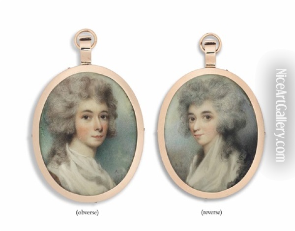 A Double-sided Portrait Miniature Of Two Ladies, One Possibly Sinclair Winter, In White Dresses With Powdered Hair Oil Painting - Andrew Plimer
