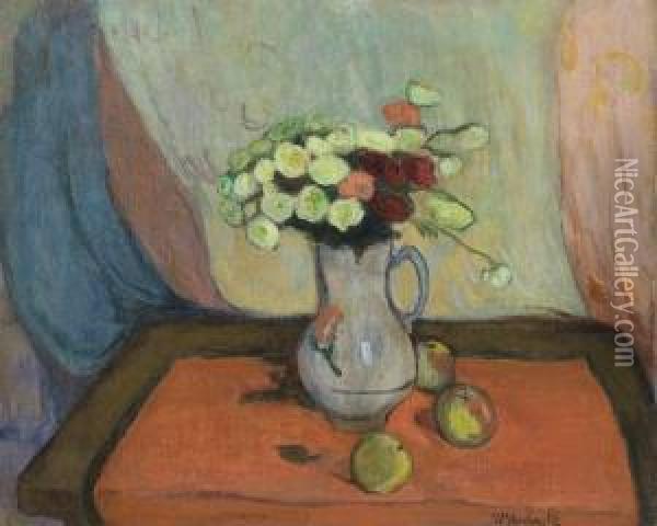 Vase De Fleurs Avec Trois Pommes Oil Painting - Wladyslaw Slewinski