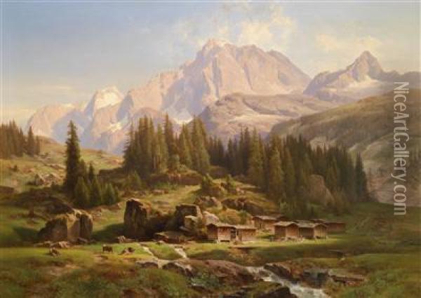 Landscape In The Alps Oil Painting - Anton Hansch
