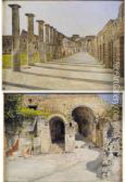The Gladiators' Barracks And The Porta Marina: A Pair Of Views Of Pompeii Oil Painting - Josef Theodor Hansen