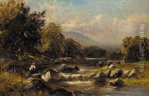 An angler on the bank of a rocky river Oil Painting - Walter Wallor Caffyn