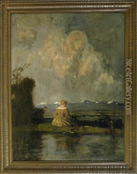 Sitzende Frau Am Teich Mit Blick In Eine Voralpenlandschaft Oil Painting - Adolf Hengeler