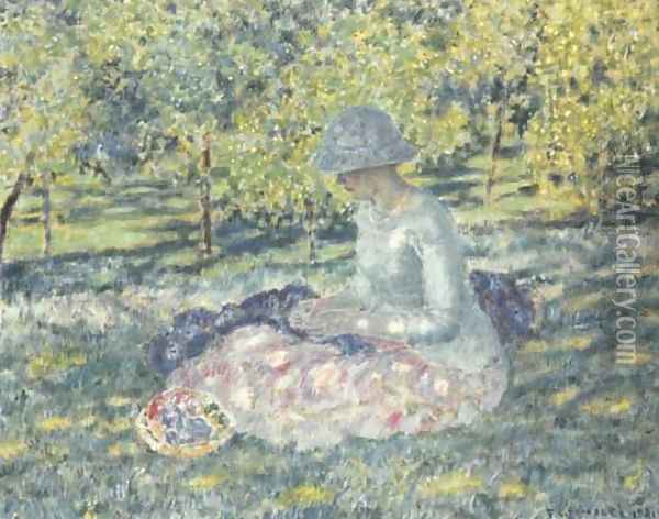 Woman Seated in a Park with Basket Oil Painting - Frederick Carl Frieseke