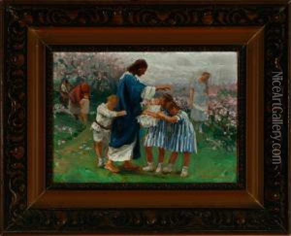 Mother And Her Children In A Rose Garden Oil Painting - Tivadar Josef Mousson