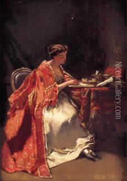  Jeune Femme Lisant Dans Un Interieur  Oil Painting - Jean-Baptiste Fauvelet
