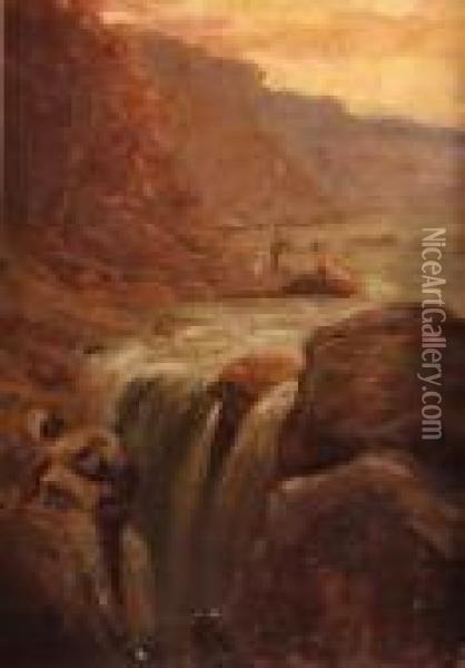 Man Fishing In A Mountainous Landscape Oil Painting - John MacWhirter