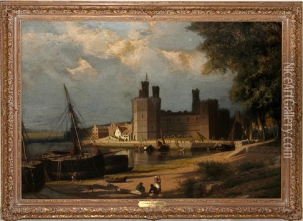 Castle With Harbor, Figures In Foreground Oil Painting - James Fairman