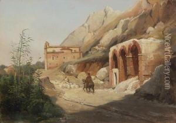 Kirche Und Ruinen In Sudlicher
 Felsenlandschaft. Oil Painting - Jean-Charles Joseph Remond