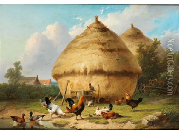 Strohhaufen Mit Federvieh Oil Painting - Cornelis van Leemputten