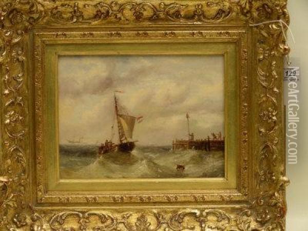 Fishing Boat Returning To Harbour In Choppy Seas Oil Painting - Henry Redmore
