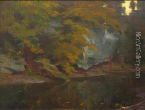 Depicting Three American Indians Along A River Bank Oil Painting - Paul Turner Sargent