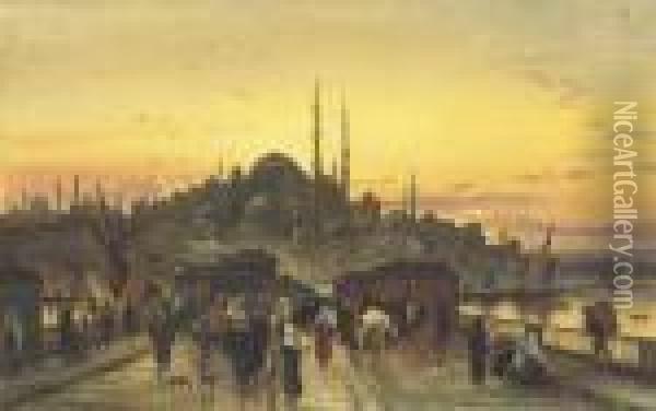 The Golden Horn, Galata Bridge, Constantinople Oil Painting - Hermann David Salomon Corrodi