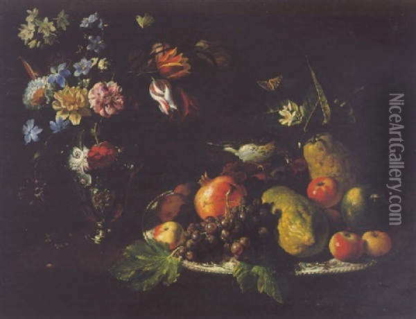 Still Life Of A Silver Platter With Fruit, A Thrush Perched On A Bunch Of Grapes And A Vase Of Flowers On A Stone Ledge Oil Painting - Giuseppe Recco