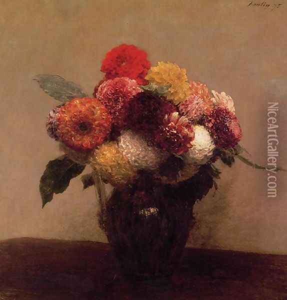 Dahlias, Queens Daisies, Roses and Corn Flowers I Oil Painting - Ignace Henri Jean Fantin-Latour