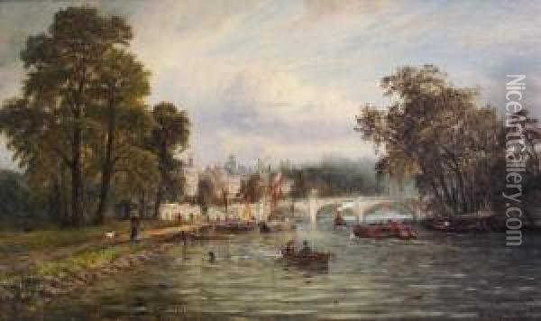 River Scene With Pleasure Craft And Strollers Oil Painting - James Richard Marquis