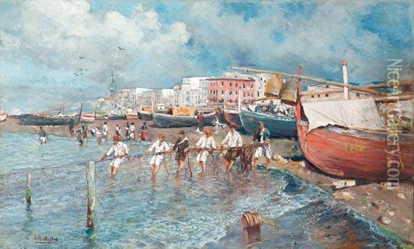 Spiaggia Con Barche E Pescatori Che Issano Le Reti Oil Painting - Attilio Pratella