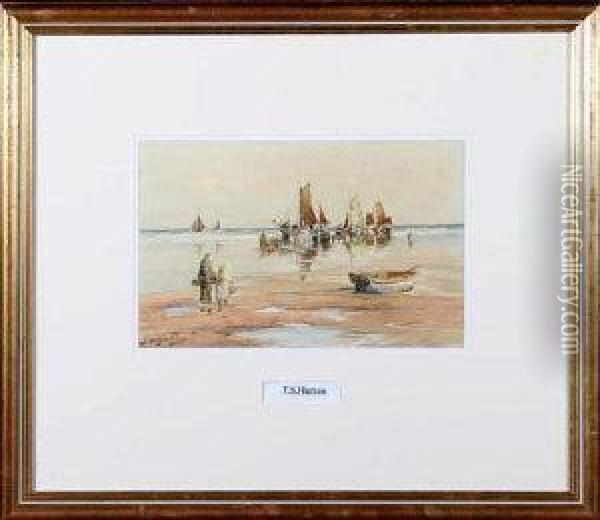 Fishing Boats On A Beach Oil Painting - Thomas Swift Hutton