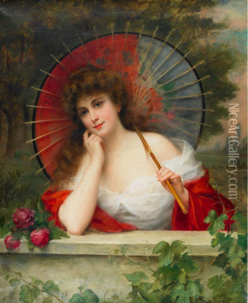 Beauty With Parasol At A Garden Wall Oil Painting - Alex Belles