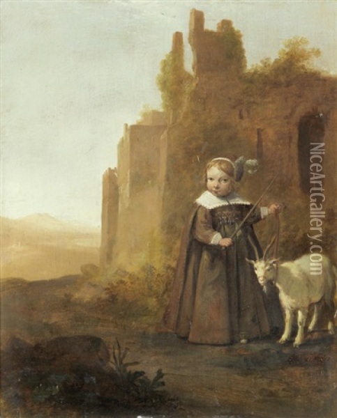 Portrait Of A Girl, Traditionally Identified As A Princess Of Orange, Leading A Goat In A Landscape Oil Painting - Jacob Gerritsz Cuyp