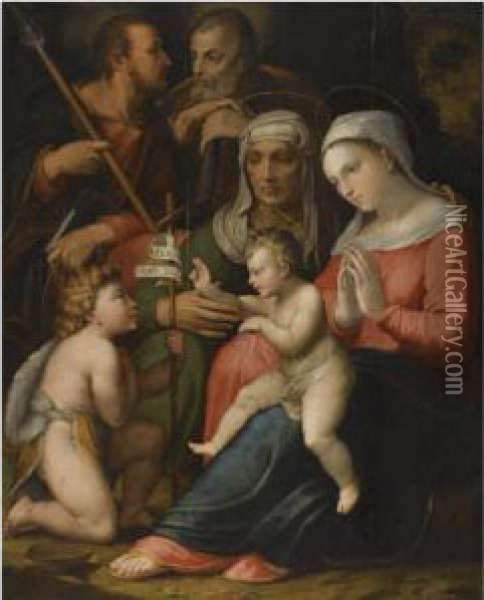 The Holy Family With Saint Anne And The Infant Saint John Thebaptist Oil Painting - Giovanni Battista Ii Ramenghi Il Bagnacavallo