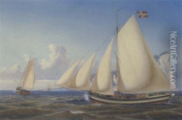 Skibdportraet Af Christine Marie Ud For En Kyst Med Stejle Klinter Oil Painting - Carl Julius Emil Olsen