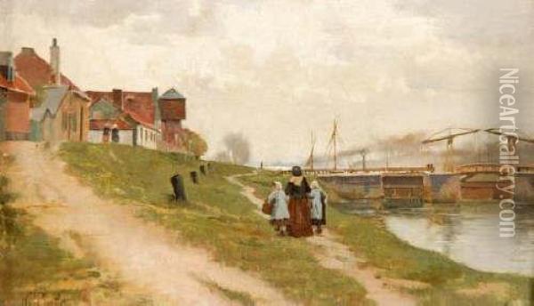 On Panelfigures By A River With Cottages And Lock Oil Painting - William H. Bartlett